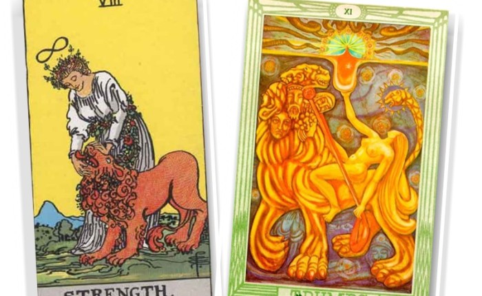 The Strength Card, Rider Waite Tarot | Lust Atu XI, Thoth Tarot